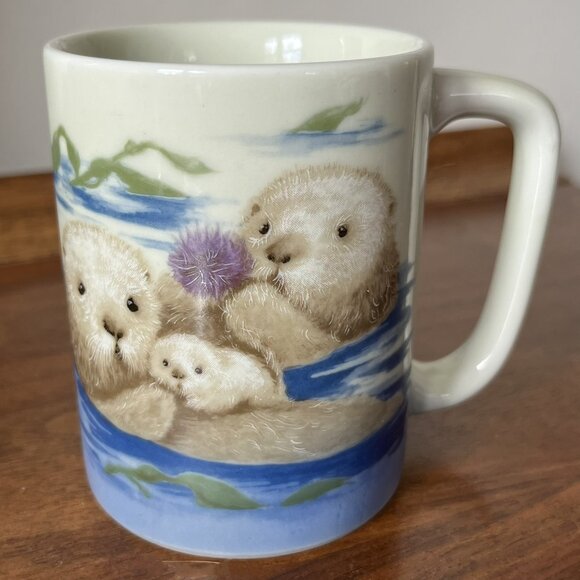 Otagiri Sea Otter Family Mug Urchin Vintage Japan Coffee Cup Wildlife Ocean - Picture 1 of 10